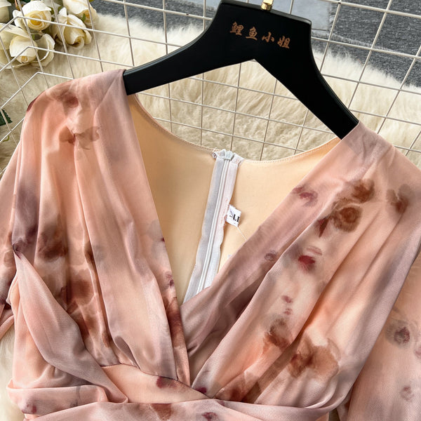V-neck Pleated Tie-dye Printed Dress