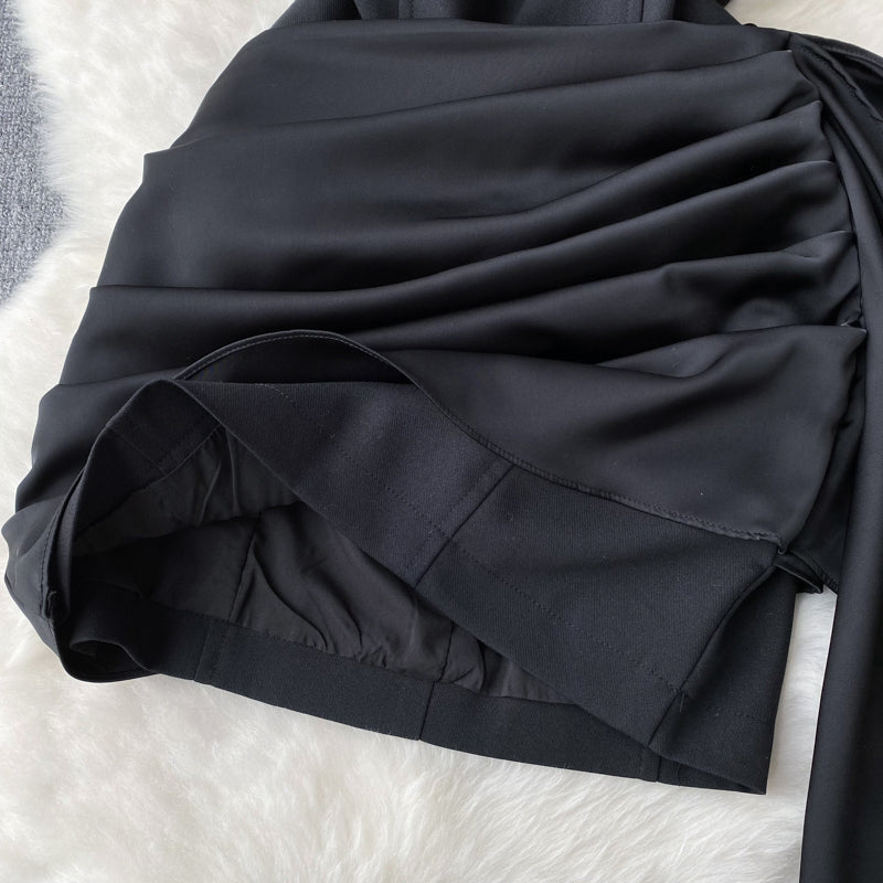Kırışık Ruffle Siyah Elbise