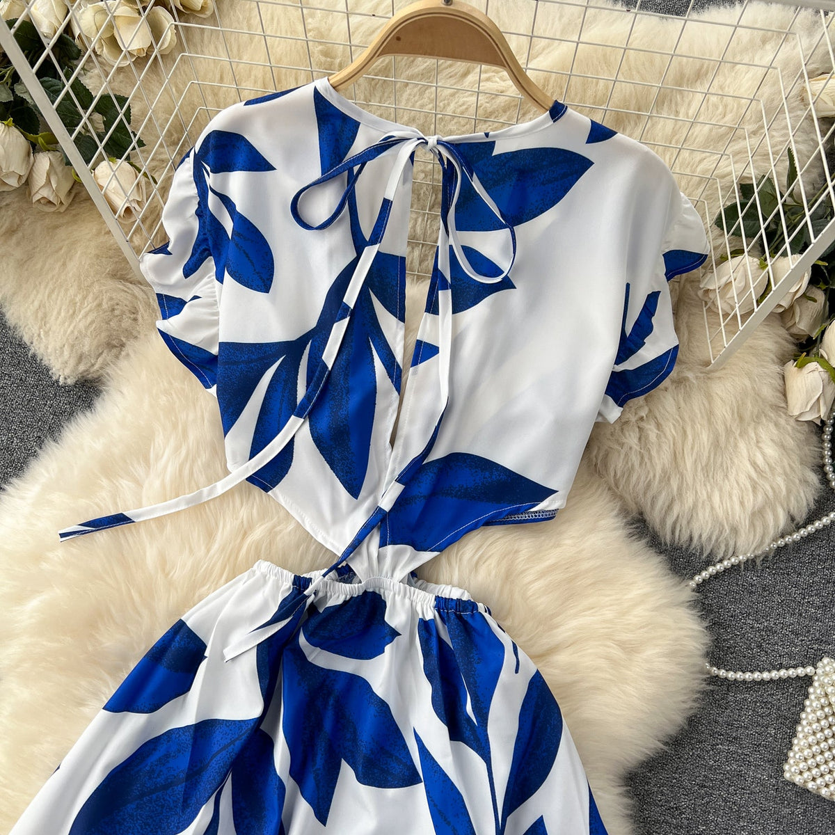V-neck Hollowed Floral Chiffon Dress