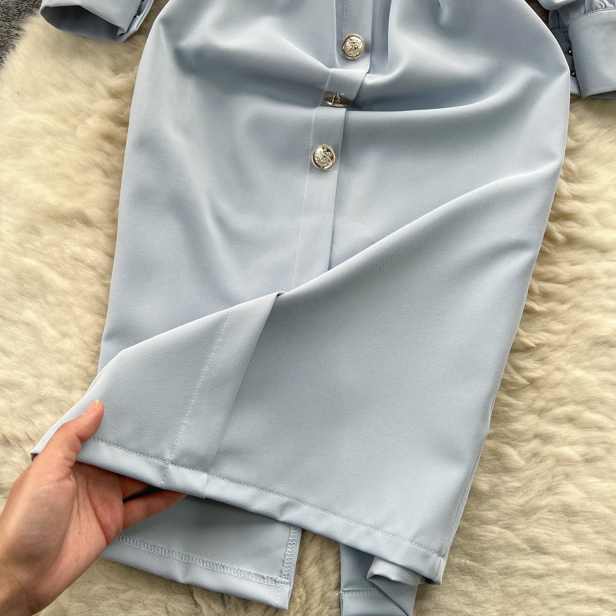 Off-shoulder Single-breasted Blue Dress
