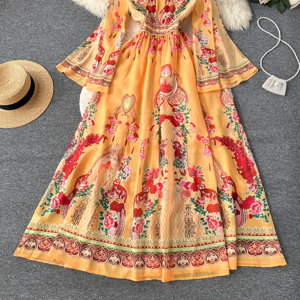 Deep V-neck Floral Printed Maxi Dress