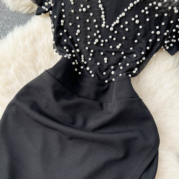 Beaded Patchwork Split Black Dress