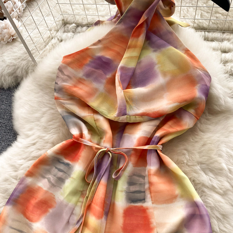 Niche Colorful Plaid Sleeveless Halter Dress
