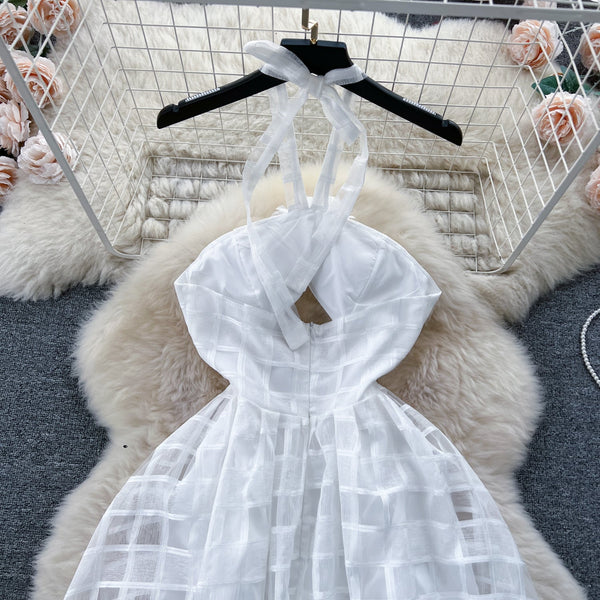 Hollowed Plaid White Halter Dress