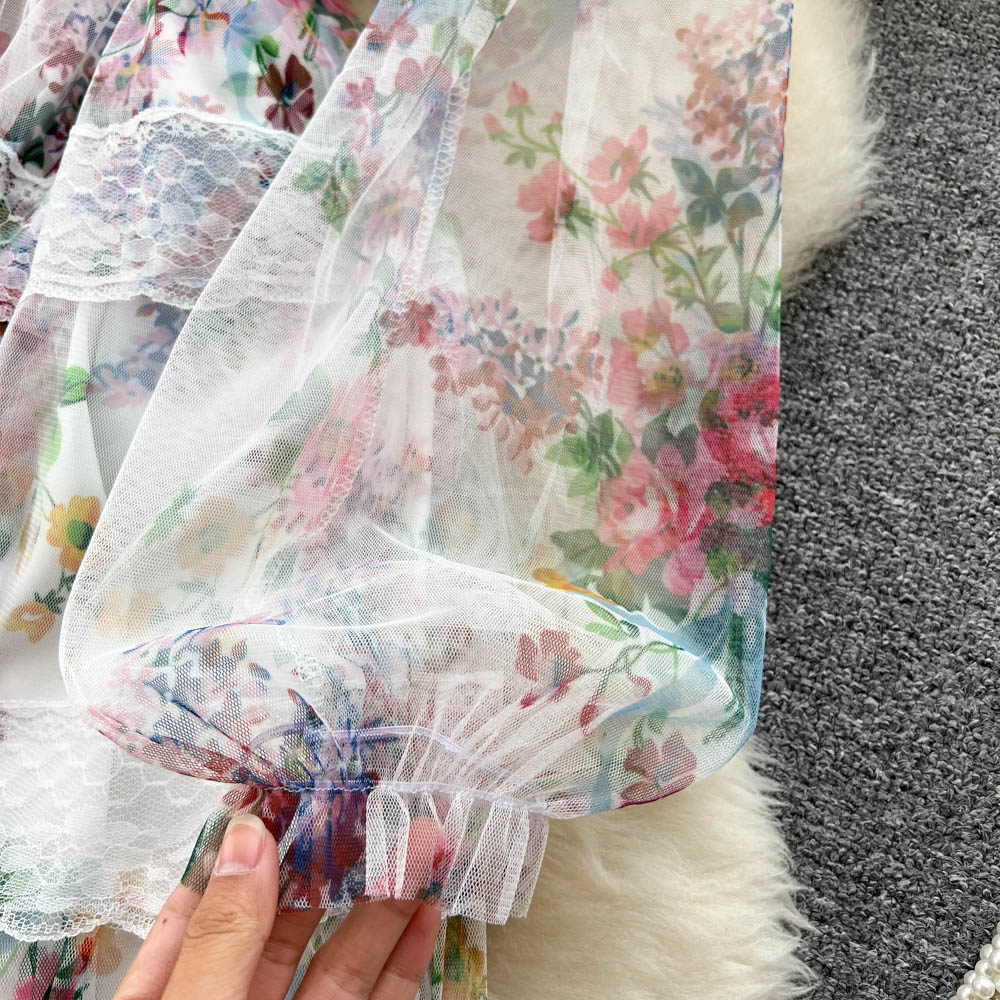 Sweet Floral Printed Lace Dress