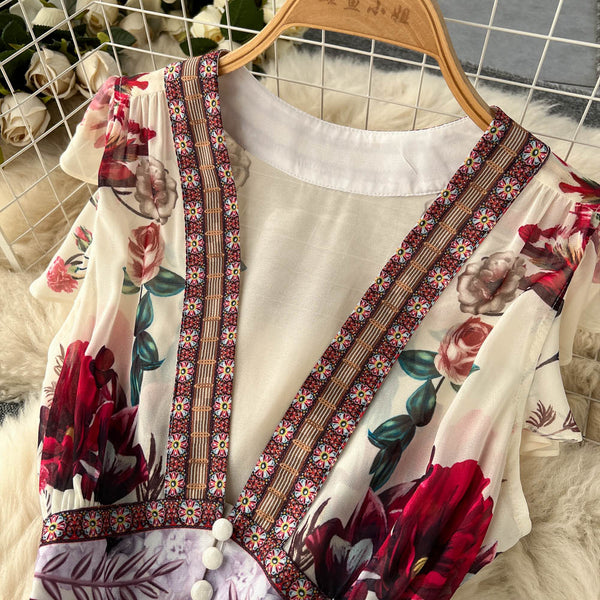 Ethnic Style V-neck Floral Layered Dress
