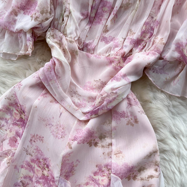 Sweet Irregular Design Pink Floral Dress