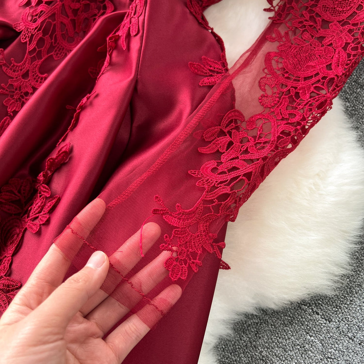 Wine Red Delicate Embroidered Dress