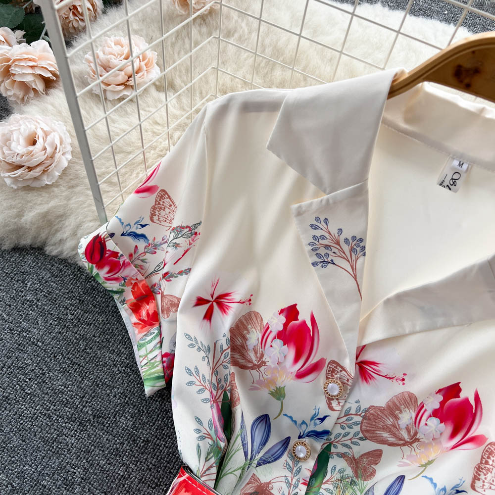 Suit Collar Floral Printed Chiffon Dress
