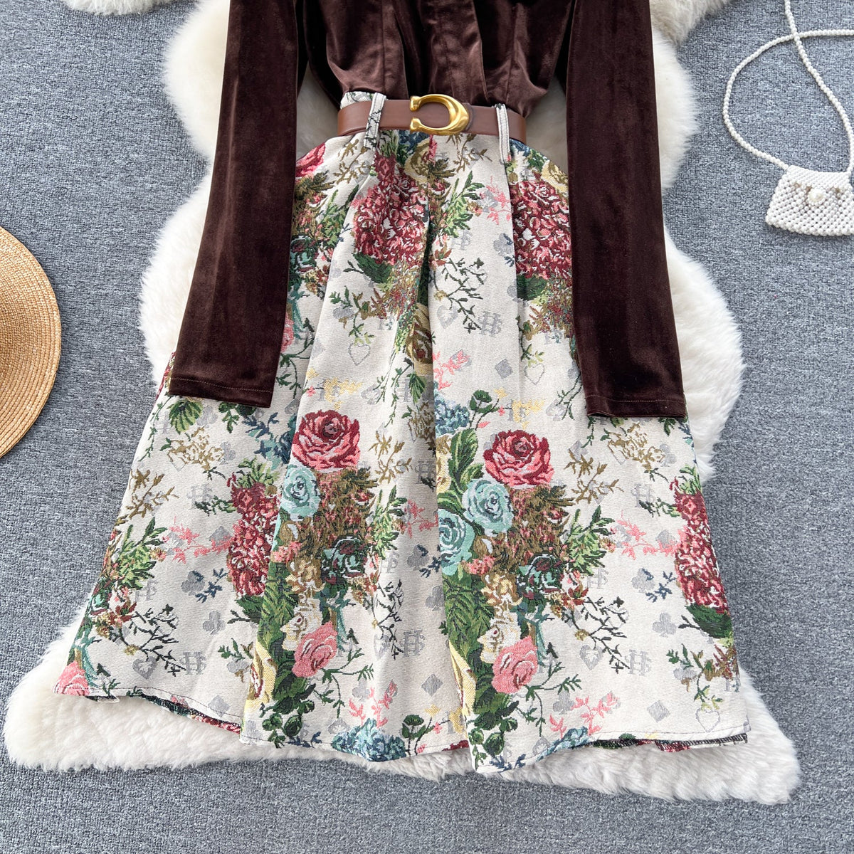 Courtly Gold Velvet Jacquard Floral Dress