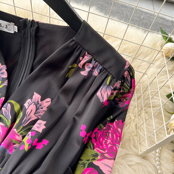 Elegant Floral Printed Black Dress