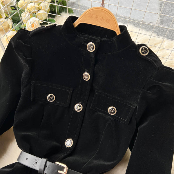 Vintage Single-breasted Black Velvet Dress