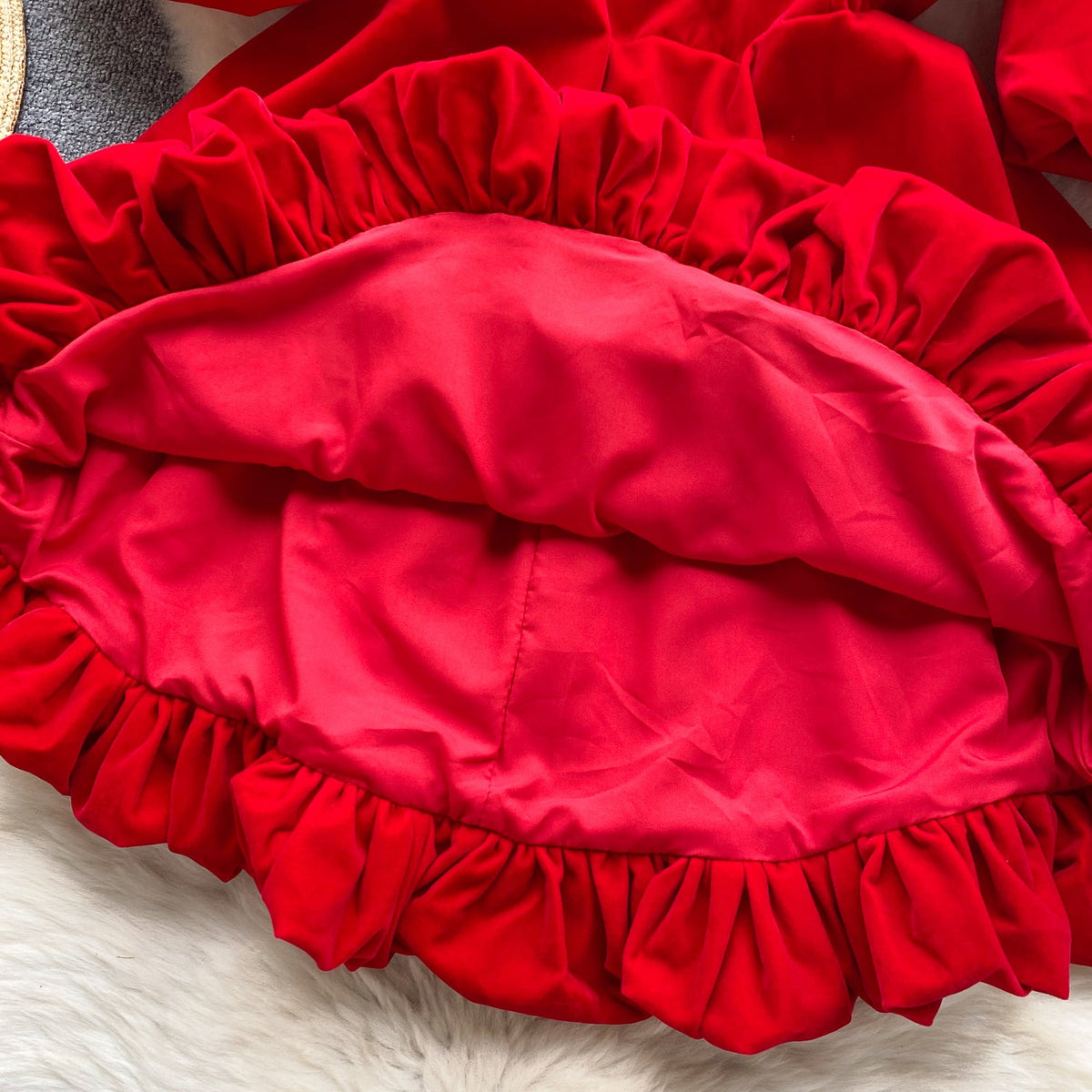 Vintage V-neck Puffy Suede Dress