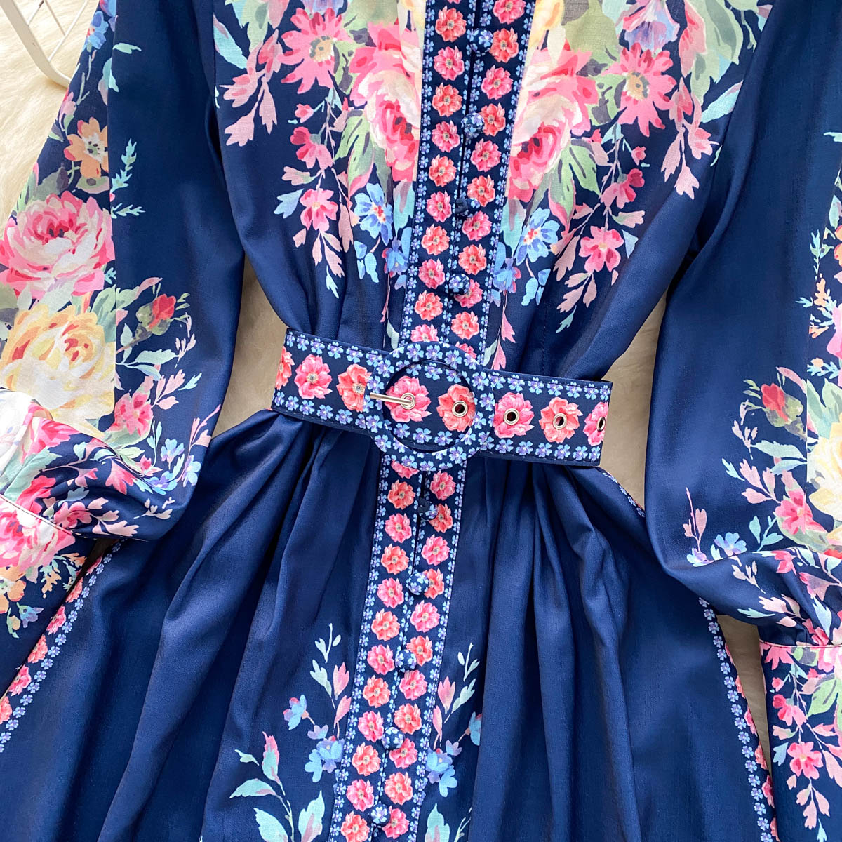 Courtly Flared Sleeve Floral Dress