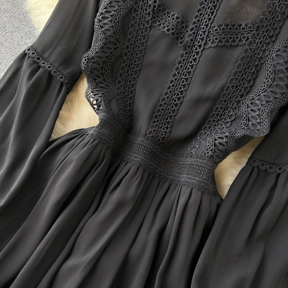French Style Lace Patchwork Black Dress