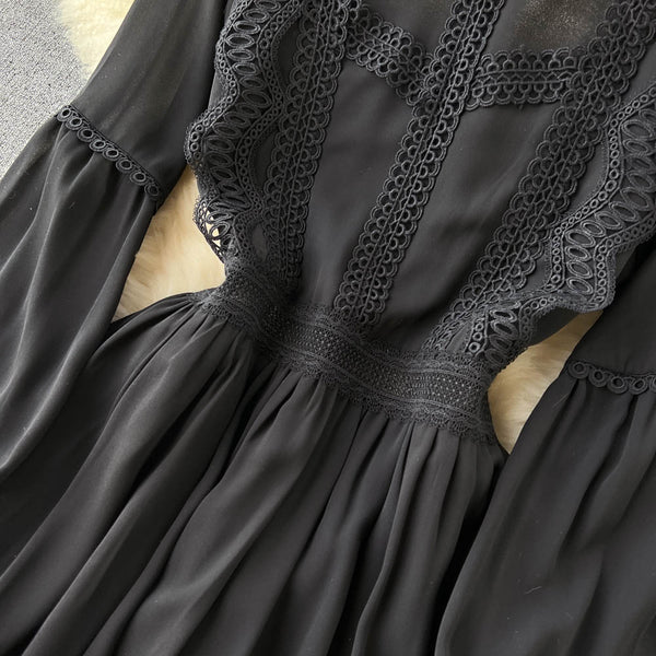 French Style Lace Patchwork Black Dress