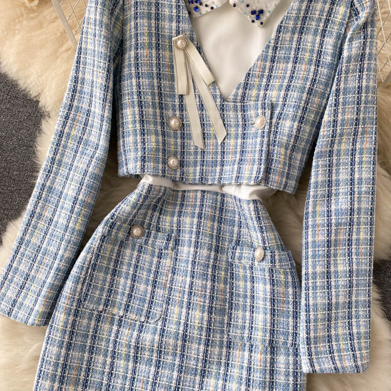 Plaid Beaded Cardigan&Tweed Dress 2PCs
