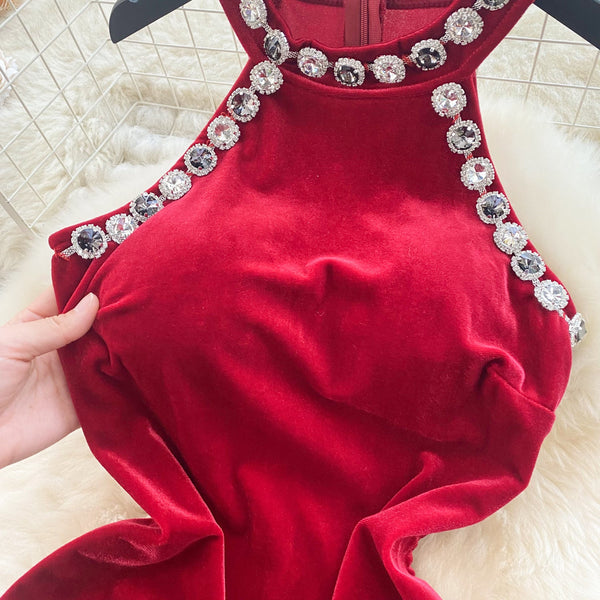 High-end Rhinestone Studded Halter Dress
