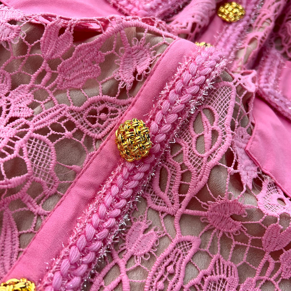 Pink Lace Embroidered Hollowed Dress