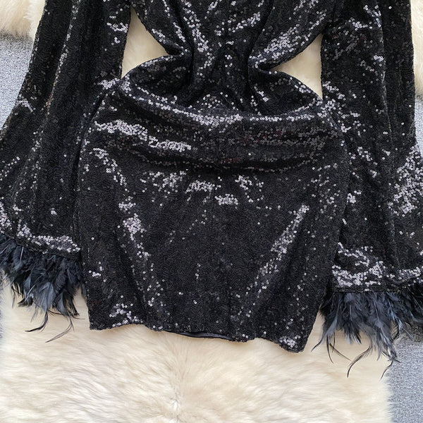 Fringed Cuff Sequined Black Dress