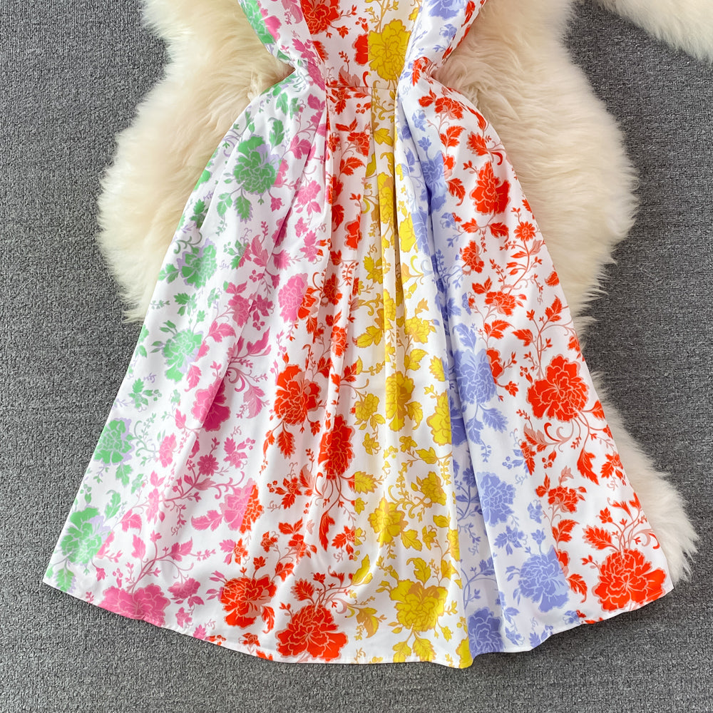 Bow-tie Lace-up Printed Floral Dress