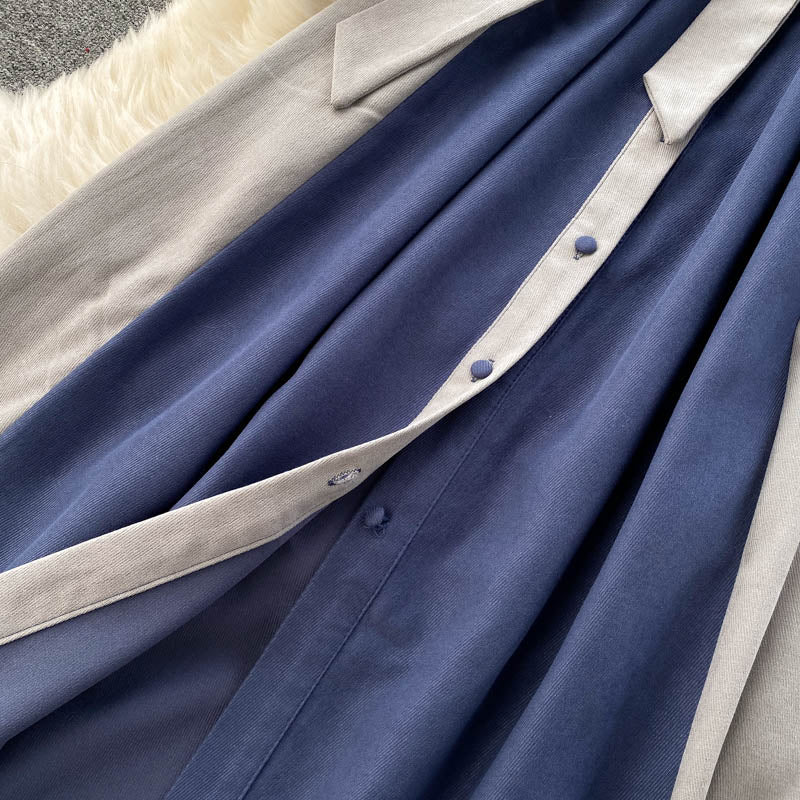 Lapel Patchwork Lace-up Coat Dress