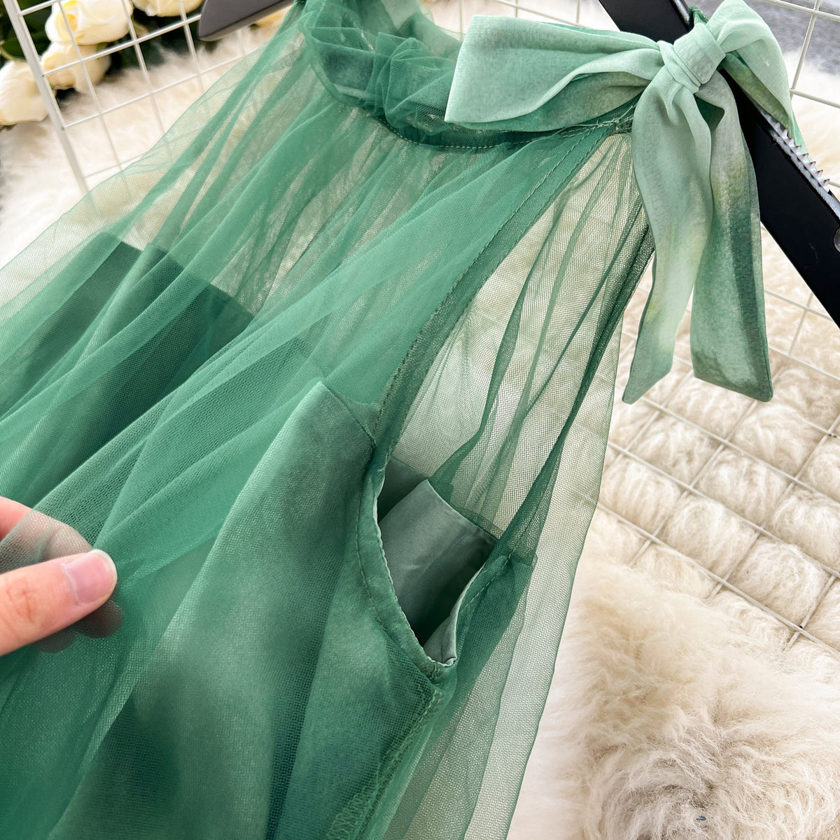 Fairy Green Mesh Loose-fit Halter Dress