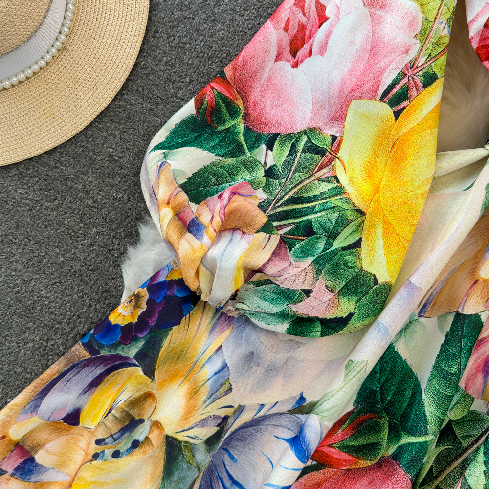 Courtly Single-breasted Floral Shirt Dress