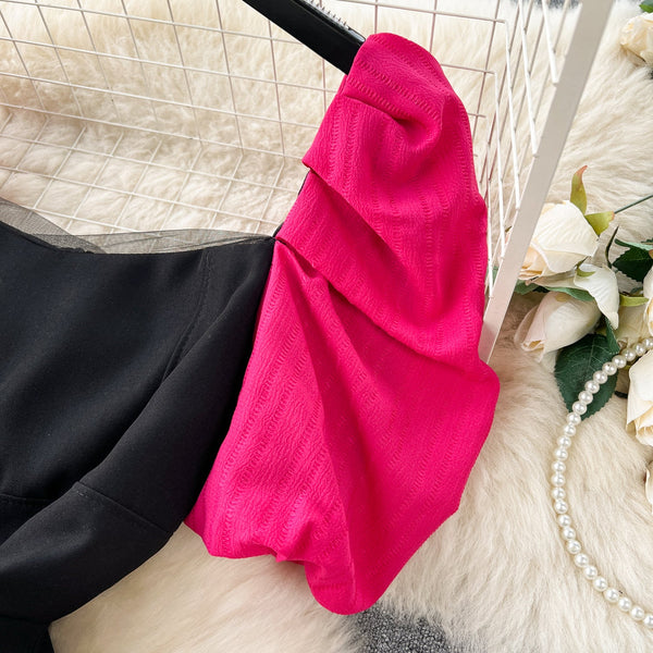 Rose Red Puffy Sleeve Black Dress
