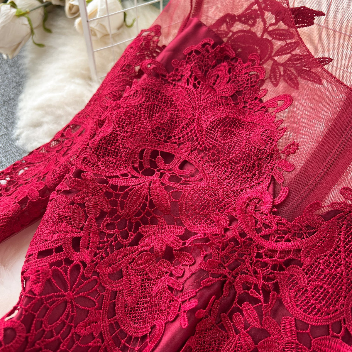 Wine Red Delicate Embroidered Dress
