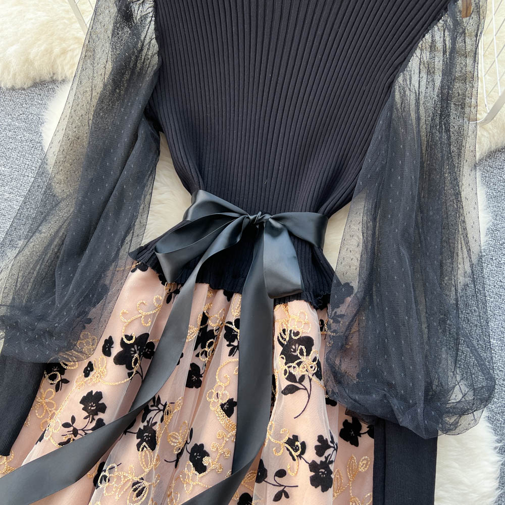 Floral Mesh Patchwork Black Dress