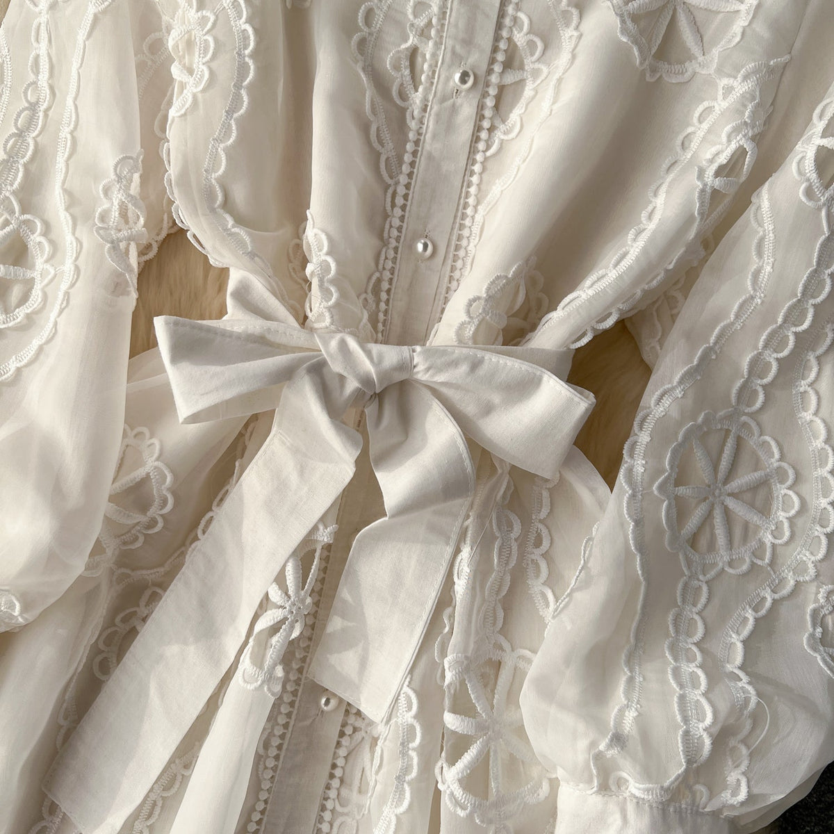 Courtly Hollowed Embroidery Shirt Dress