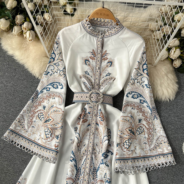 Vintage Printed Round-neck Pleated Dress