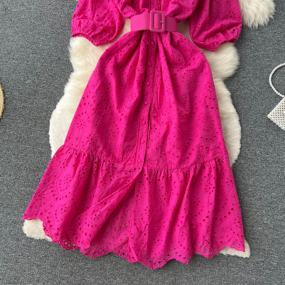 Frock With Hollow V-neck And Bubble Sleeves