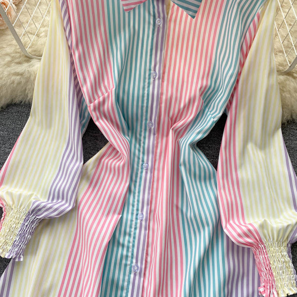 Color Blocking Striped Shirt Dress