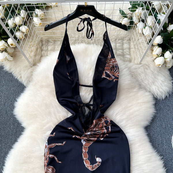 Low-cut Black Floral Halter Dress