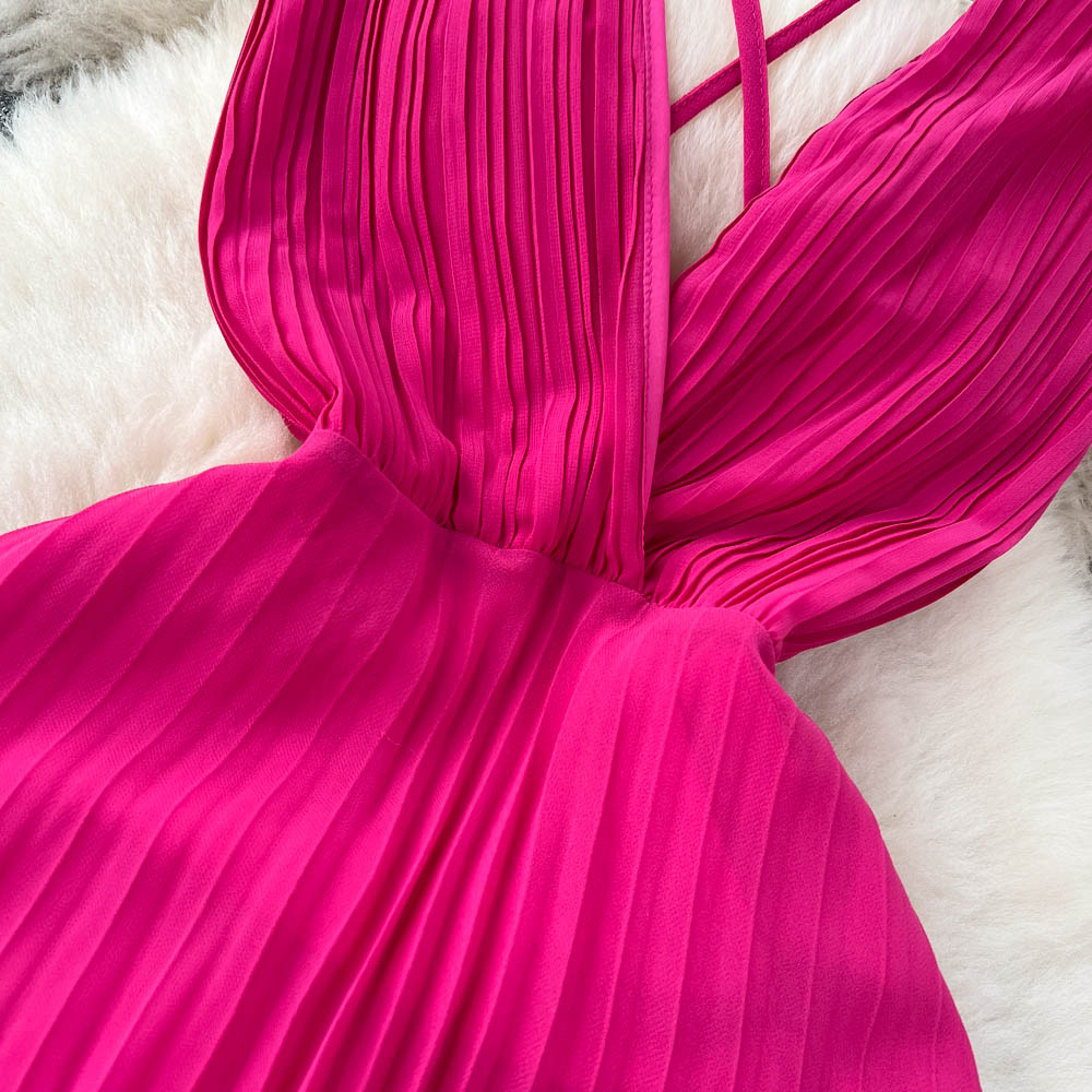 Rose Red Pleated V-neck Halter Dress