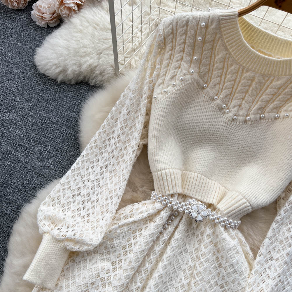 Elegant Beaded Lace Knitted White Dress