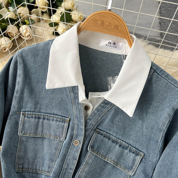 Patchwork Lapeled Denim Shirt Dress
