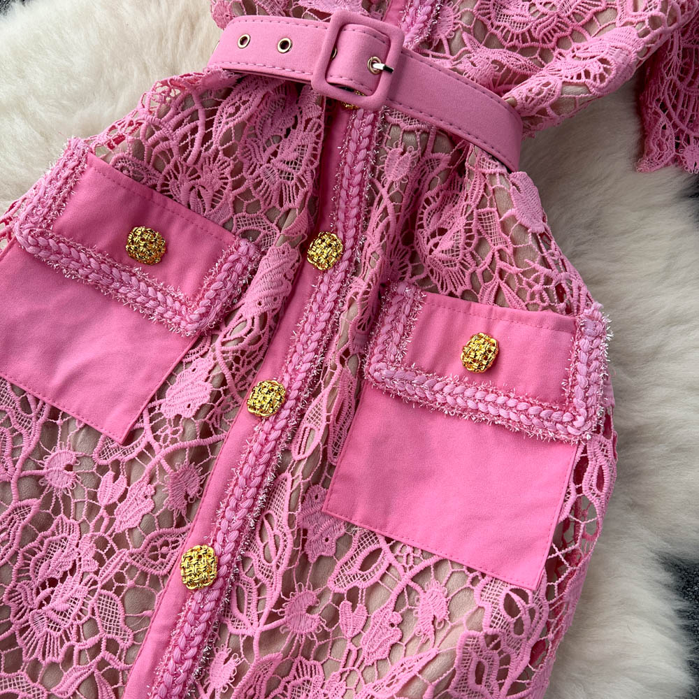 Pink Lace Embroidered Hollowed Dress