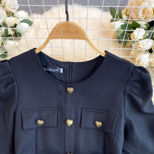 French Style Heart Buttons Black Dress