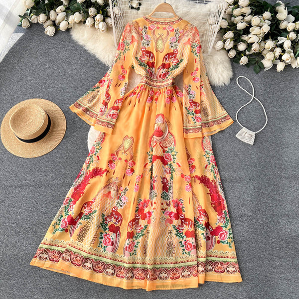 Deep V-neck Floral Printed Maxi Dress