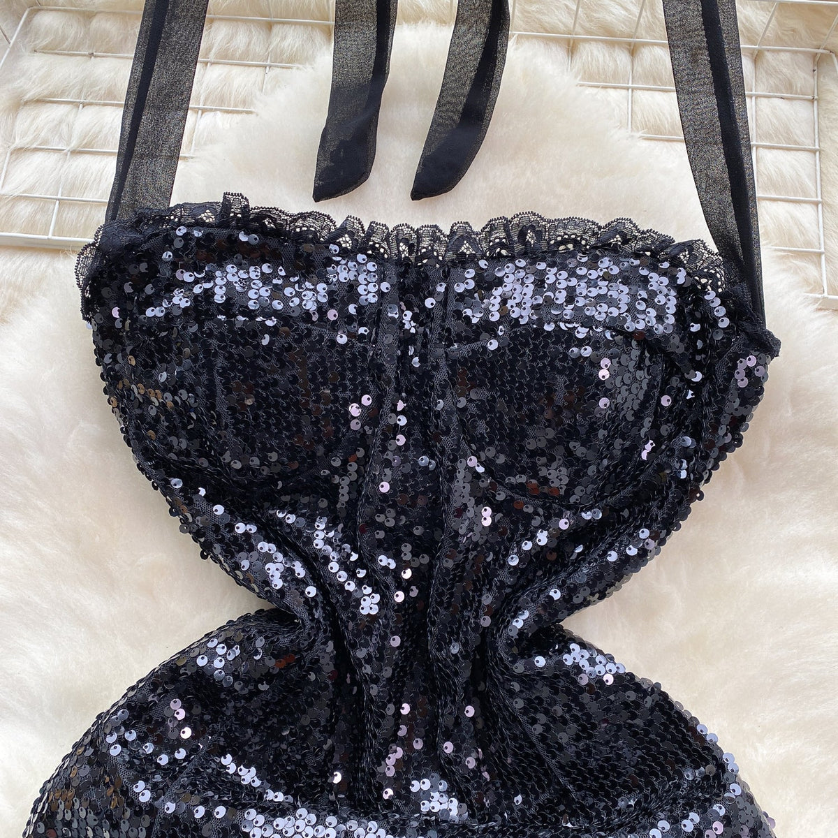 Sequined Mesh Halter Black Dress