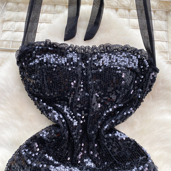 Sequined Mesh Halter Black Dress