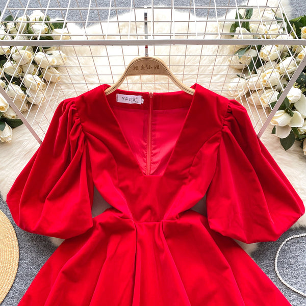 Vintage V-neck Puffy Suede Dress