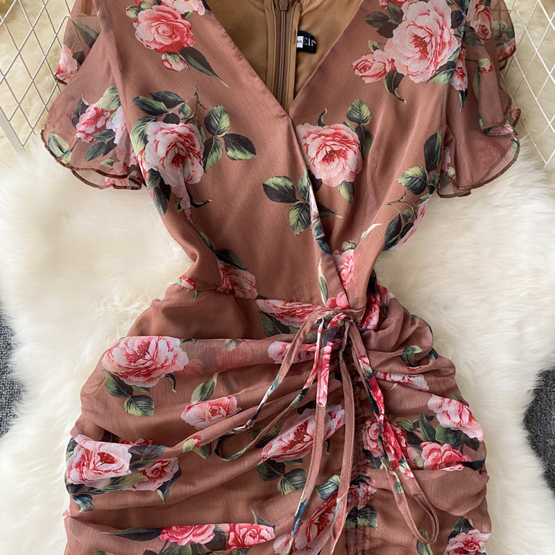 French Style Drawstring Floral V-neck Dress