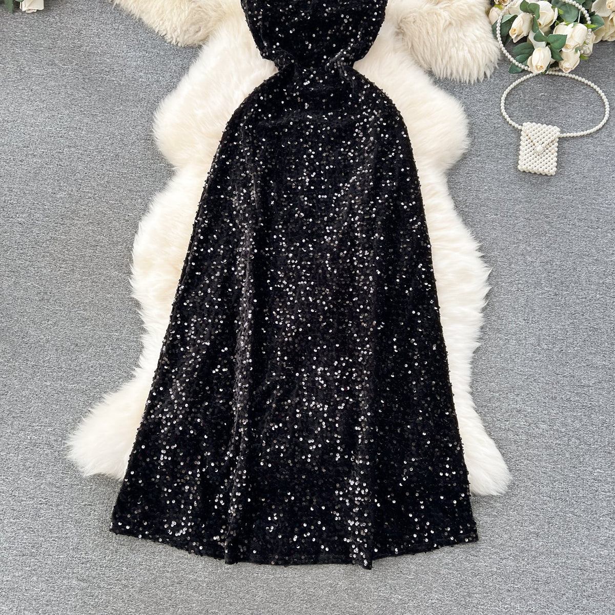 Sequined Backless Black Slip Dress