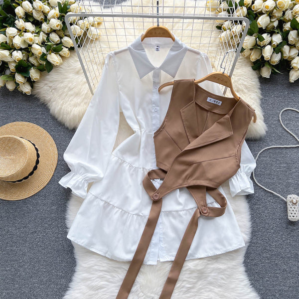 Korean Style White Dress&Waistcoat 2Pcs