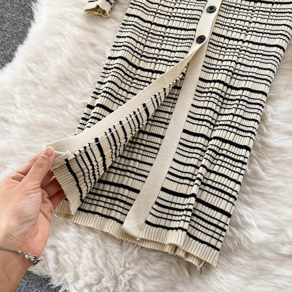 Vintage Striped Knitted Bottoming Shirt Dress