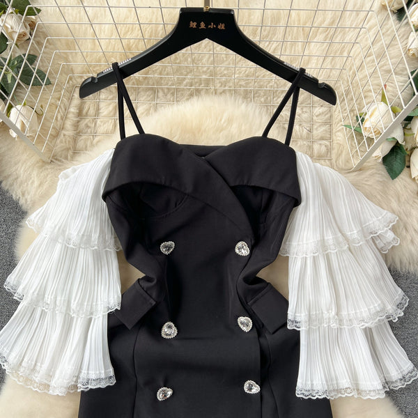 Layered Sleeves Patchwork Black Dress
